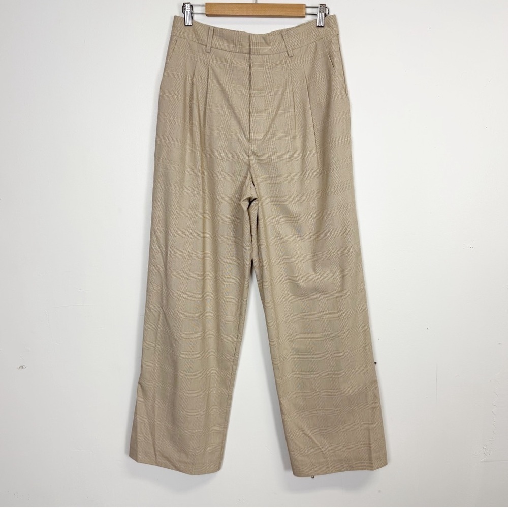 WAYF Wide Leg Dress Pants Womens Medium Tan Pleated Houndstooth